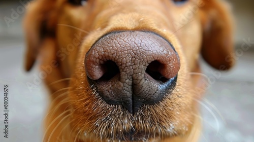  A tight shot of a dog's nostrils, focusing on its nose as it gazes at the camera, against a softly blurred backdrop
