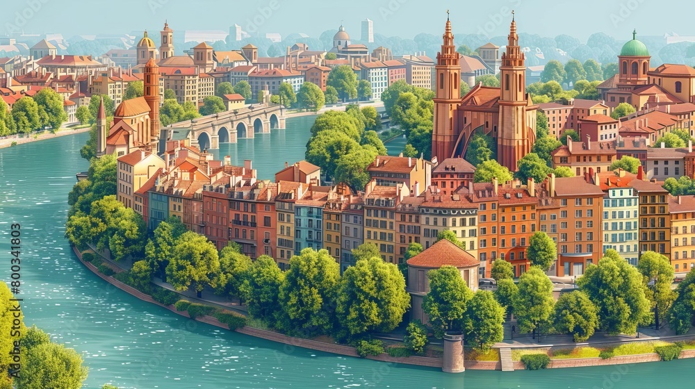 Fototapeta premium An oil painting of a cityscape with a river running through it. The city is full of colorful buildings and there are trees and bridges. The sky is blue and the sun is shining.