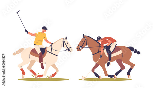 Two Polo Players, Clad In Traditional Attire, Exhibit Unparalleled Horsemanship, Wielding Mallets With Precision, Vector