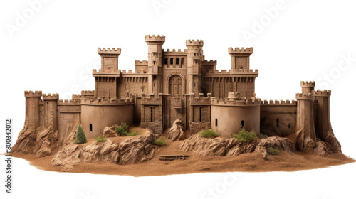A detailed sandcastle model crafted with intricate towers, walls, and moats on the beach photo