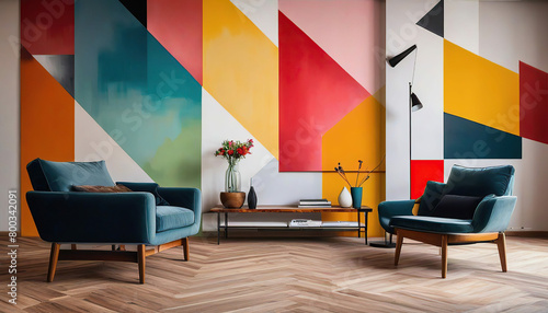 Interior of living room with sofa, lamp and colorful wall painting