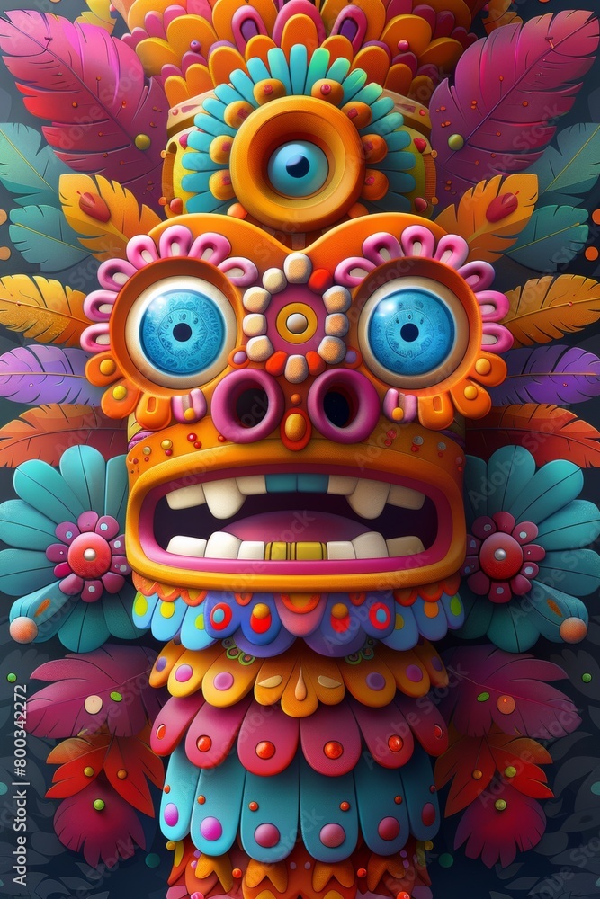 A colorful sculpture of a face with eyes and flowers, AI