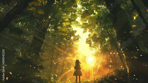 Silhouette illustration of a girl in a thick forest