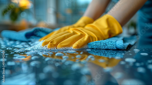 Cleaning kitchen surface in bright daylight