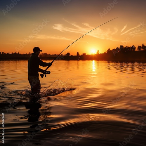A man fishing at the lake. Beautiful nature view and landscape . fishing hobby
