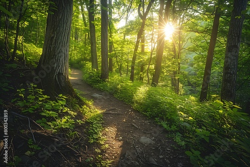 A scenic hiking trail winding through lush green forest, with sunlight filtering through the canopy and dappling the forest floor, as hikers explore nature's beauty on a sunny summer day.