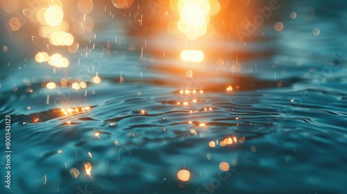 Soft focus bokeh light effects over a rippled  blue water background with lens flare.