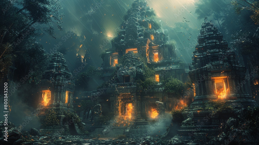 Craft an image depicting paradise where ancient temples are illuminated by the soft light of torches