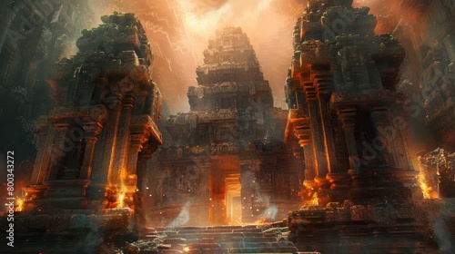 Craft an image depicting paradise where ancient temples are illuminated by the soft light of torches