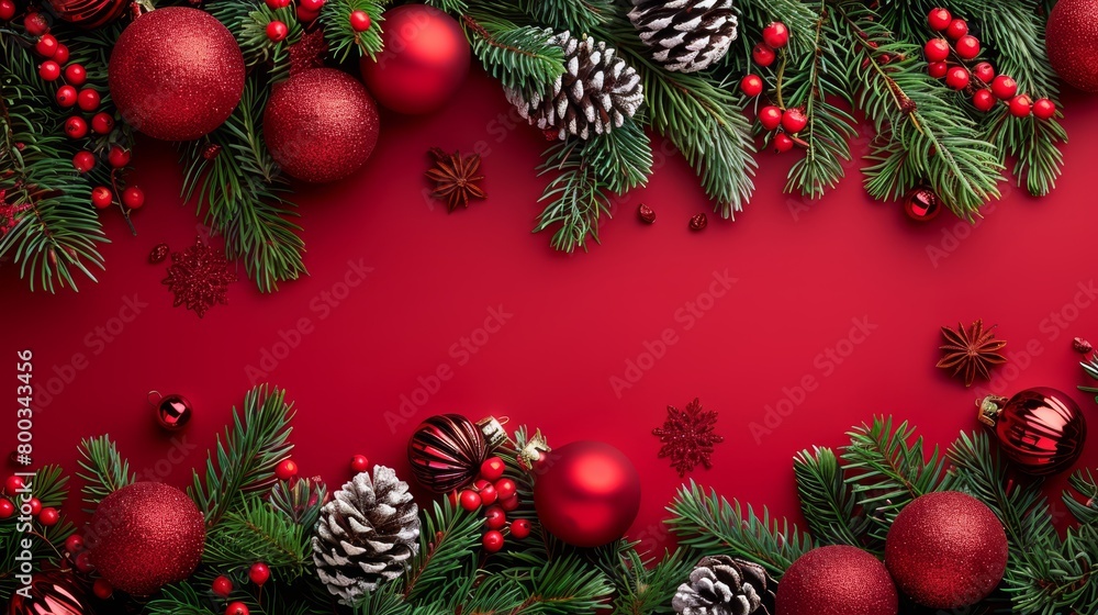 A red Christmas background with overlapping pine cones and red baubles A red Christmas background with overlapping pine cones and red baubles