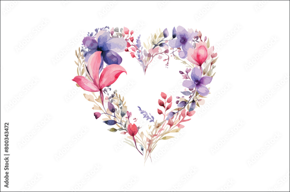 Beautiful Watercolor Floral Vector Illustration, Beautiful Watercolor Floral Love Shape.