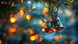   Two bells dangle from a Christmas tree A basket of lights is positioned behind a softly blurred tree