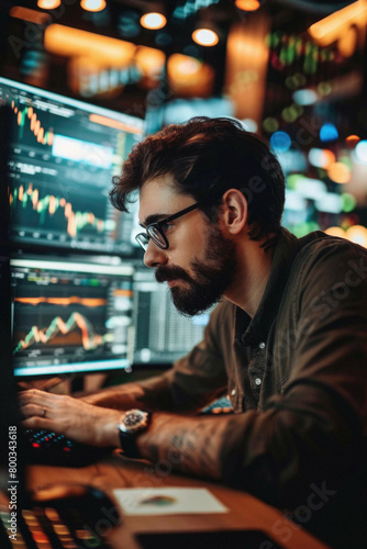 Stock trading investor, financial advisor or analyst working analysing crypto exchange market charts using computer investing money in finances market analyzing data on screen, over shoulder. © Synthetica