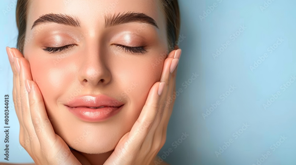 A woman with closed eyes and hands covering her face A woman with closed eyes and hands covering her face