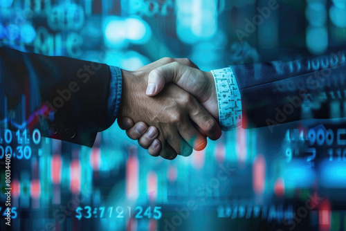 Business handshake of two business ment working together making contract partnership deal, 2 businessmen shaking hands as concept of corporate agreement, international investment, closeup.