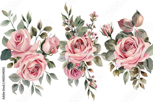 Watercolor floral illustration bouquet set - collection of green blush blue yellow pink frame, border, bouquet photo