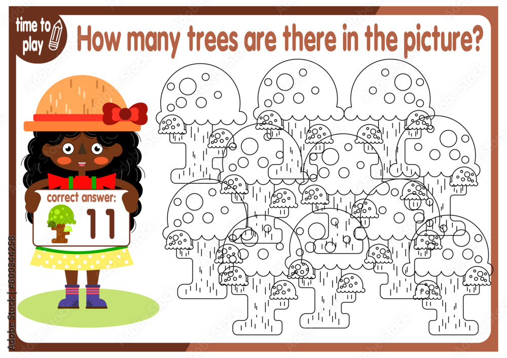 Fototapeta premium Count how many trees are hidden in the picture. How many objects are there in the picture? Educational game for children. Colorful cartoon characters. Funny vector illustration.