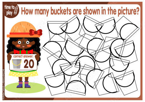 Count how many buckets are hidden in the picture. How many objects are there in the picture? Educational game for children. Colorful cartoon characters. Funny vector illustration.