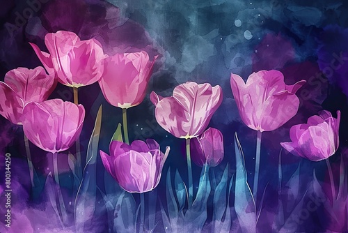 Spring tulips in watercolor style. Luxurious background for postcards, delicate flowers #800344250