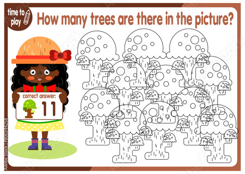 Count how many trees are hidden in the picture. How many objects are there in the picture? Educational game for children. Colorful cartoon characters. Funny vector illustration.