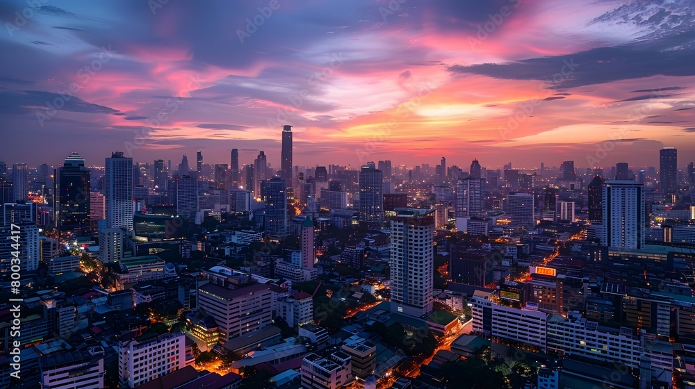 Vibrant Nighttime Cityscape of Bangkok with Towering Skyscrapers and Dramatic Sunset Glow