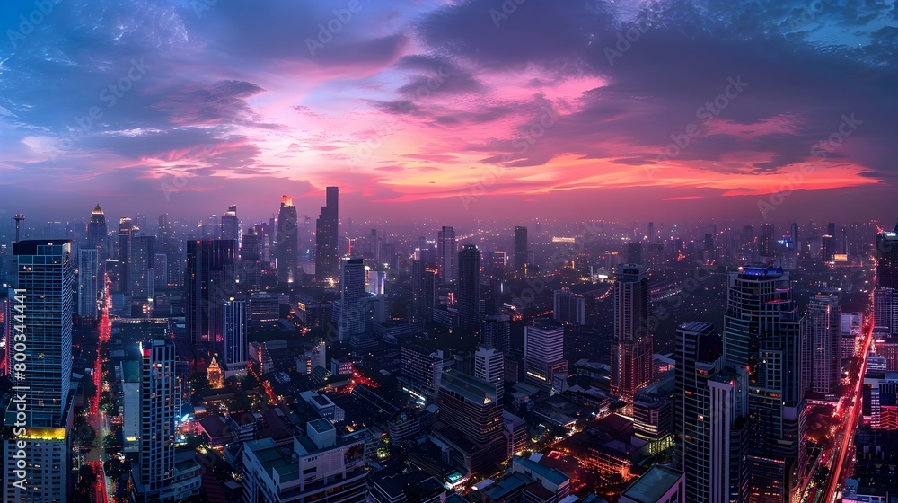 Fototapeta premium Vibrant Sunset Cityscape of Illuminated Bangkok Skyscrapers