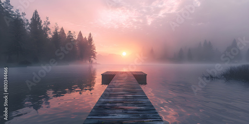 A beautiful sunrise over a calm lake with a simplistic rectangular dock, perfect for relaxation and nature wallpaper. photo