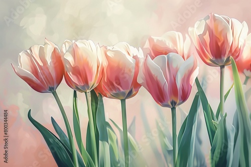 Spring tulips in watercolor style. Luxurious background for postcards, delicate flowers #800344484