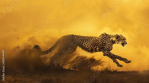 A cheetah cloud running swiftly across a savannah gold background