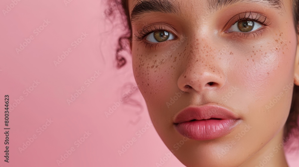 A close-up of a woman's face with freckles scattered across her cheeks A close-up of a woman's face with freckles scattered across her cheeks