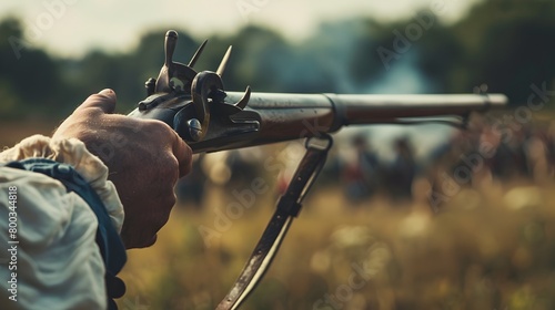 Hand Holding Vintage Musket in Historical Reenactment of Battlefield Conflict