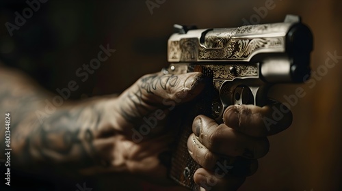 Ink and Iron: A Gritty Handgun Clutching a Tattooed Hand with a Dark Backstory photo