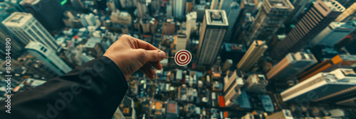 Outstretched hand holding a target symbol over a dizzying cityscape expressing personal goals and city ambitions photo