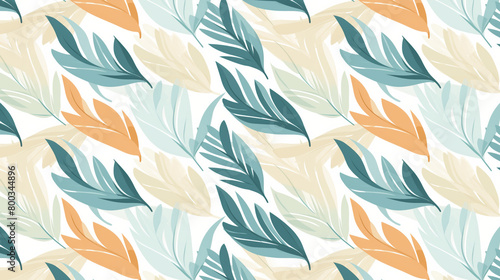 A seamless vector pattern with stylized tropical leaves in blue, green and orange.