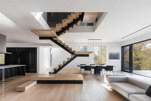 Sleek, minimalist staircase with open risers and floating design in a contemporary home interior photo