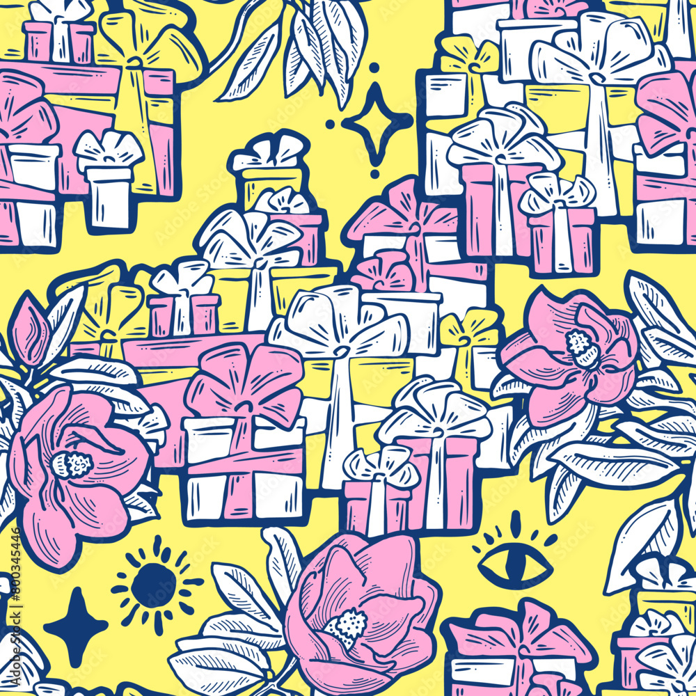 Gift box, ribbon and flowers seamless vector pattern for wrapping present with bow, party celebration, sale promotion, Textile print, fabric design, banner background. Hand drawn style illustration.