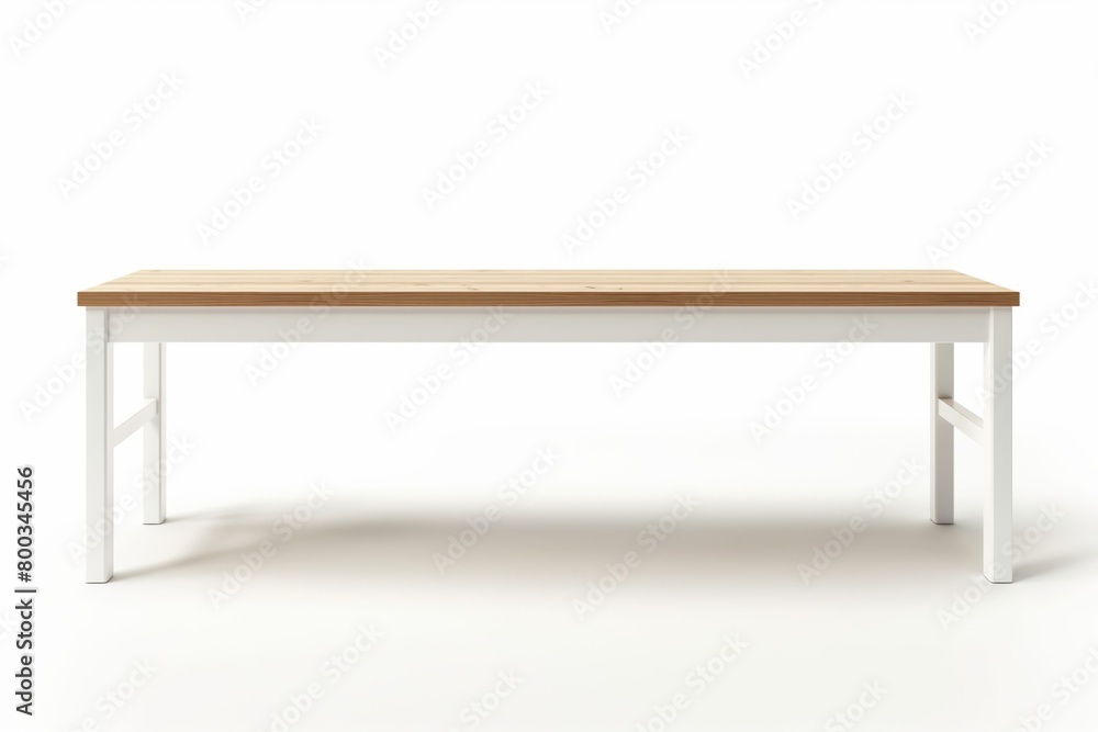 Contemporary white bench with a sleek wooden seat and clean lines isolated on a white background Contemporary white bench with a sleek wooden seat and clean lines isolated on a white background