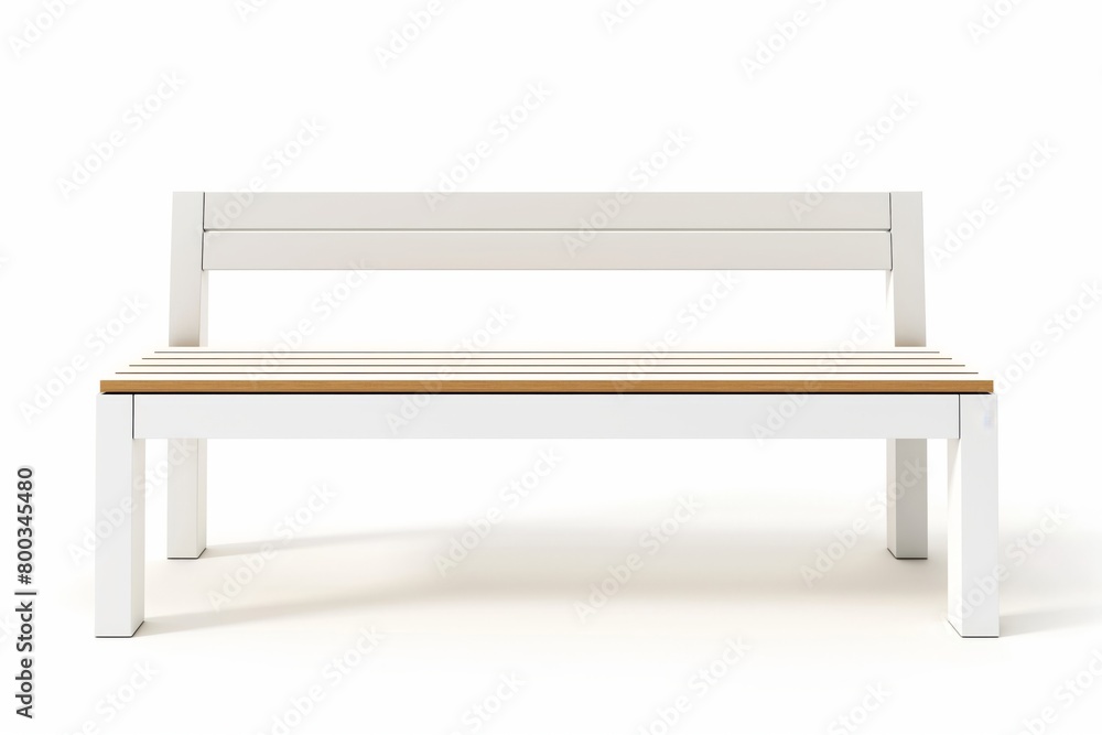 Minimalist bench with a sleek white finish and wooden seat details isolated on a white backdrop Minimalist bench with a sleek white finish and wooden seat details isolated on a white backdrop