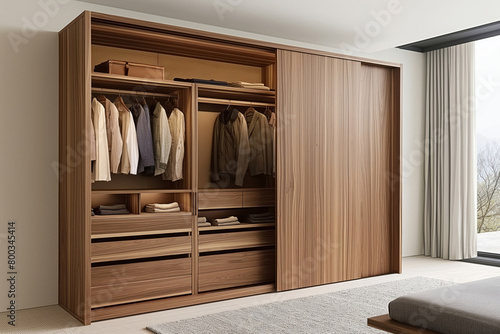 Elegant minimalist wardrobe featuring sliding doors and integrated storage in a contemporary bedroom