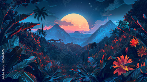 3D vector illustration of a night jungle with orange and blue leaves, flowers, and mountains in the style of different artists.