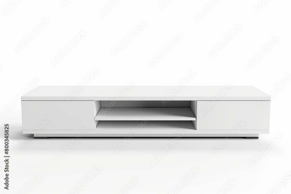 Stylish and minimalist white tv stand with clean lines and ample storage space on a white background Stylish and minimalist white tv stand with clean lines and ample storage space on a white background
