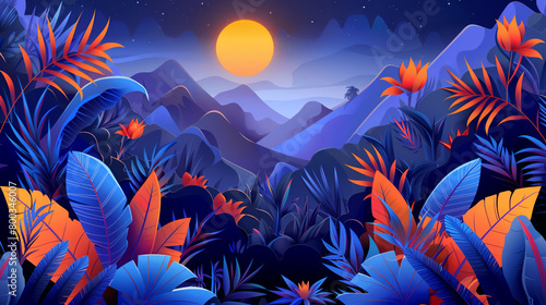 3D vector illustration of a night jungle with orange and blue leaves, flowers, and mountains in the style of different artists.