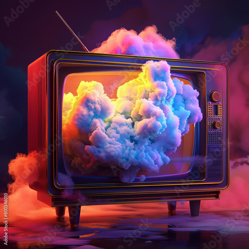 Wallpaper Mural A television set with an abstract, colorful cloud design on the screen, floating in midair. The background is dark and minimalistic to highlight the vivid colors of the artwork inside the frame.  Torontodigital.ca