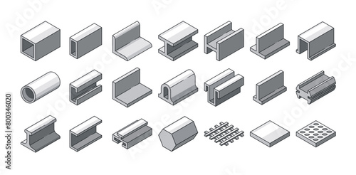 Steel Metal Products Vector Icons Set. Pipes, Beams, Bars, Girder Structures. Iron, Stainless Metallurgy Industry Items