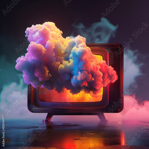 A television set with an abstract, colorful cloud design on the screen, floating in midair. The background is dark and minimalistic to highlight the vivid colors of the artwork inside the frame.  photo