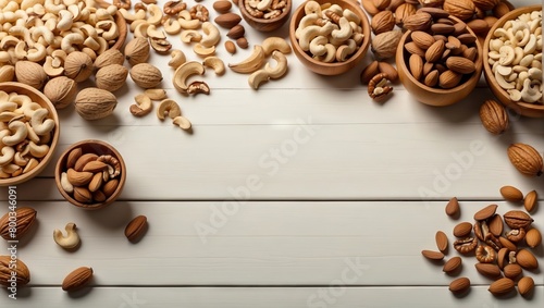 different types of walnuts and almonds artistically arranged in bowls on wood. The bowls contain whole and sliced nuts. Some scattered. Soft and warm lighting.