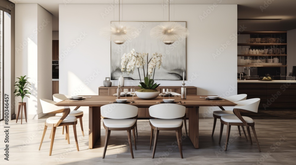 Elegant dining room with a large wooden table, modern chairs, and a statement chandelier,