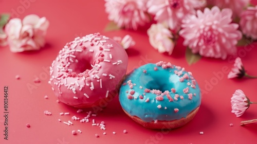 Colorful donuts on red background with flowers, bakery advertisement and food lovers delight