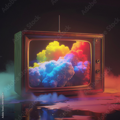 Wallpaper Mural A television set with an abstract, colorful cloud design on the screen, floating in midair. The background is dark and minimalistic to highlight the vivid colors of the artwork inside the frame.  Torontodigital.ca