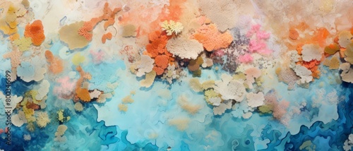 Aerial shot of a coral reef experiencing bleaching, showcasing a patchwork of vibrant and faded corals from above, photo
